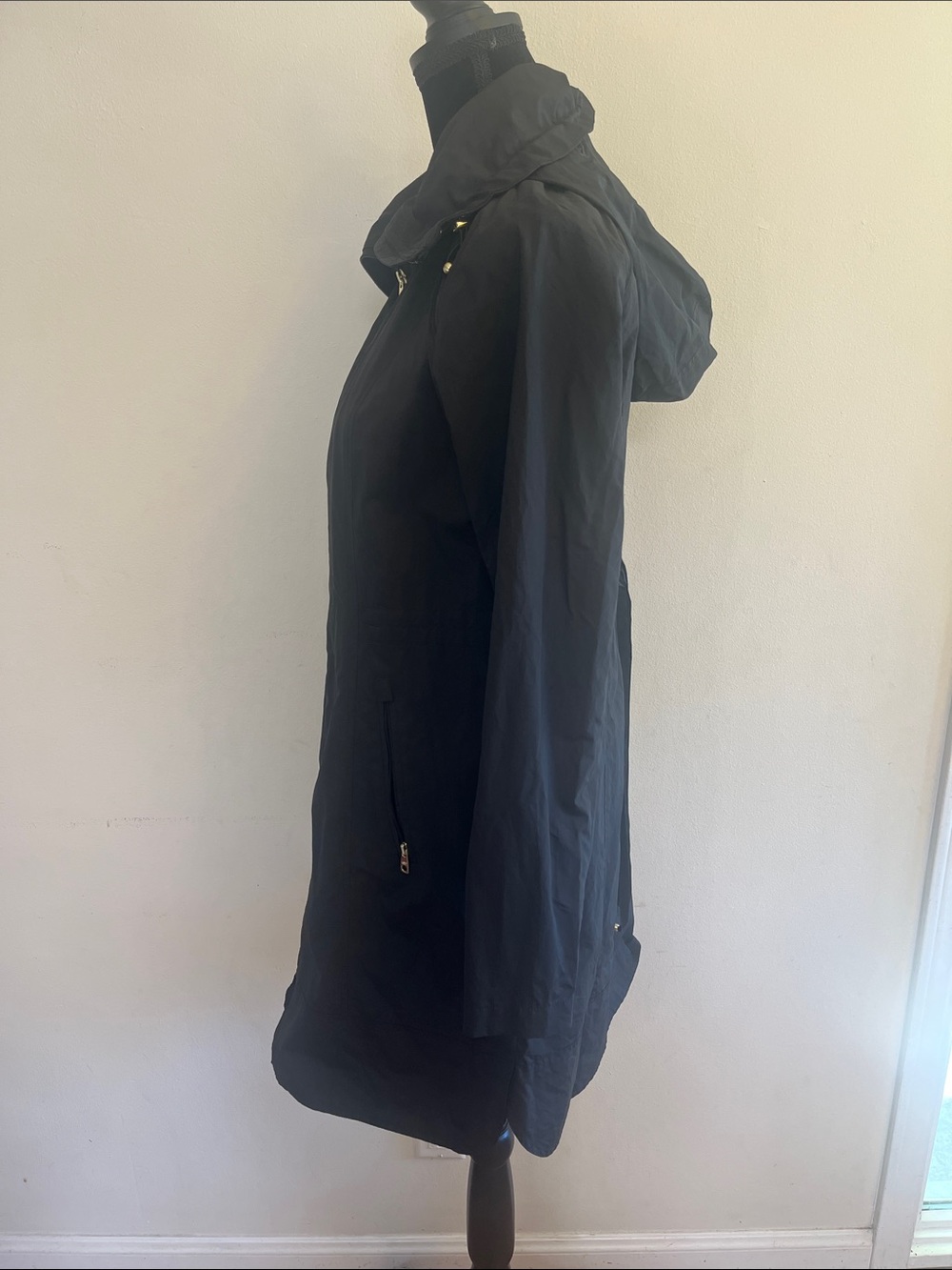Cole Haan Black Hooded Long Rain Jacket with Gold Zippers - Picture 4 of 6